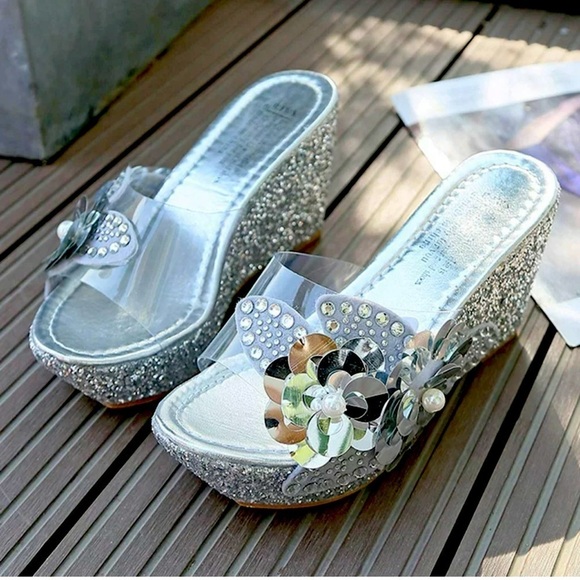 Women’s Silver Glitter Floral Wedges Platform Sandals Size 8 - Picture 3 of 12